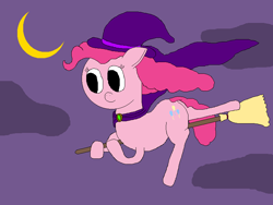 Size: 800x600 | Tagged: safe, artist:jittermouse, pinkie pie, earth pony, pony, g4, broom, cloak, clothes, flying, hat, moon, ms paint, night, pinktober, solo, witch, witch hat