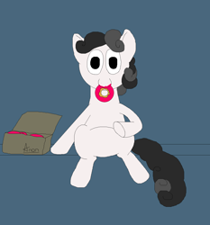 Size: 1200x1289 | Tagged: safe, artist:jittermouse, oc, oc:pon-pushka, earth pony, pony, box, caught, donut, eating, food, implied anon, ms paint, pon-pushka, sitting, solo