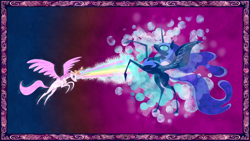 Size: 1920x1080 | Tagged: safe, screencap, nightmare moon, princess celestia, alicorn, pony, friendship is magic, g4, my little pony: friendship is magic, blast, element of generosity, element of honesty, element of kindness, element of laughter, element of loyalty, element of magic, elements of harmony, female, magic, magic blast, mare, pink-mane celestia