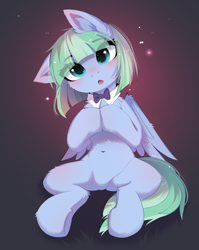 Size: 2957x3707 | Tagged: safe, artist:empress-twilight, oc, oc only, oc:silky strings, pegasus, pony, :o, belly, belly button, blue coat, blushing, bobcut, bowtie, cheek fluff, chest fluff, commission, ear blush, ear fluff, eye clipping through hair, eyebrows, eyebrows visible through hair, featureless crotch, female, female oc, gradient background, green mane, green tail, halftone, head tilt, high res, hock fluff, hooves together, leg fluff, looking at you, mare, mare oc, one ear down, open mouth, pegasus oc, shiny mane, shiny tail, short hair, short mane, sitting, solo, sparkles, spread wings, tail, teal eyes, thin, two toned mane, two toned tail, underhoof, wing fluff, wings, ych result