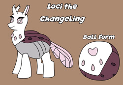 Size: 1075x743 | Tagged: safe, artist:armadillokingbr4dy, oc, oc only, oc:loci, changedling, changeling, g4, ball, brown background, changeling oc, female, simple background, solo