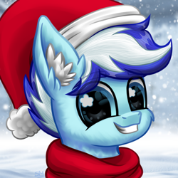 Size: 3000x3000 | Tagged: safe, artist:sunamoonmlp, derpibooru exclusive, oc, oc only, oc:snowy pop, pegasus, pony, g4, bust, cheek fluff, christmas, christmas clothing, clothes, commission, cute, ear fluff, hat, holiday, looking at you, male, pfp, portrait, santa hat, scarf, smiling, smiling at you, snow, stallion, staring at you, teeth