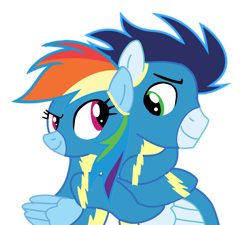 Size: 1280x1154 | Tagged: safe, alternate version, artist:soarindasher10, rainbow dash, soarin', pegasus, pony, g4, clothes, duo, female, hug, looking at each other, looking at someone, male, mare, ship:soarindash, shipping, simple background, smiling, stallion, straight, transparent background, uniform, wonderbolts, wonderbolts uniform