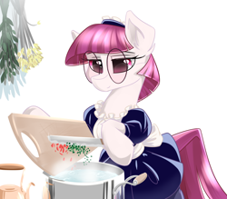 Size: 4000x3500 | Tagged: safe, artist:dreamweaverpony, oc, oc only, oc:shade, earth pony, pony, g4, clothes, cooking, dress, earth pony oc, female, glasses, knife, maid, mare, meganekko, puffy sleeves, sitting