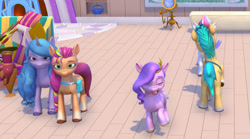 Size: 1187x658 | Tagged: safe, budge studios, screencap, hitch trailblazer, izzy moonbow, pipp petals, sunny starscout, zipp storm, earth pony, pegasus, pony, unicorn, g5, my little pony world, 3d, cheerful, crystal brighthouse, female, game, horn, indoors, male, mane five, raised hoof, ship:stormblazer, shipping, standing, straight, unamused