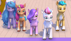 Size: 932x546 | Tagged: safe, budge studios, hitch trailblazer, izzy moonbow, pipp petals, sunny starscout, zipp storm, earth pony, pegasus, pony, unicorn, g5, my little pony world, 3d, crystal brighthouse, front view, game, horn, indoors, mane five, standing, unamused, video game