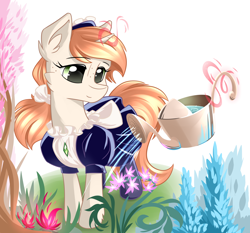 Size: 4400x4100 | Tagged: safe, artist:dreamweaverpony, oc, oc only, oc:lumi, pony, unicorn, g4, absurd resolution, clothes, cute, ear fluff, female, flower, freckles, glowing, glowing horn, green eyes, horn, levitation, magic, magic aura, maid, mare, telekinesis, unicorn oc, watering can