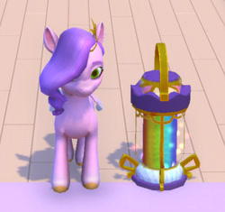 Size: 515x484 | Tagged: safe, budge studios, pipp petals, pegasus, pony, g5, my little pony world, 3d, crystal brighthouse, front view, game, indoors, lantern, pipp is short, pipp is smol, standing, video game