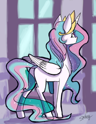 Size: 3500x4500 | Tagged: safe, artist:jupiter, princess celestia, alicorn, pony, g4, butt, crown, female, high res, jewelry, looking away, mare, missing accessory, missing cutie mark, plot, regalia, solo, window