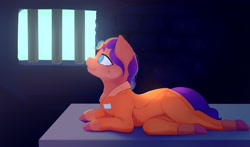 Size: 2125x1250 | Tagged: safe, artist:luanbang, sunny starscout, g5, bed, clothes, commissioner:rainbowdash69, crying, jail, never doubt rainbowdash69's involvement, prison, prison outfit, prisoner, prisoner ss