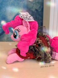 Size: 3077x4103 | Tagged: safe, reesee, pinkie pie, original species, plush pony, pony, g4, official, clothes, dress, irl, lying down, merchandise, outfit, photo, plushie, side view