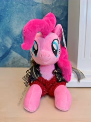 Size: 3749x4999 | Tagged: safe, reesee, pinkie pie, earth pony, plush pony, pony, g4, official, clothes, dress, front view, irl, looking at you, lying down, merchandise, outfit, photo, plushie, smiling