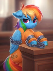 Size: 1500x2000 | Tagged: safe, alternate version, artist:scheadar, rainbow dash, bound wings, chained, chains, courtroom, grumpy, prisoner, prisoner rd, shackles, wings