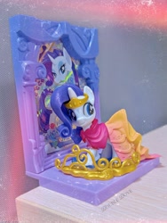 Size: 2947x3929 | Tagged: safe, rarity, unicorn, g4, official, card, clothes, dress, figure, flower, flower in mouth, grand galloping gala, horn, irl, jewelry, kayou, merchandise, mouth hold, outfit, photo, table, tiara, toy