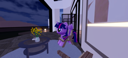 Size: 2796x1290 | Tagged: safe, twilight sparkle, pony, g4, 3d, 3d model, chair, flower, furniture, game, mod, night, open door, roblox, side view, sitting, solo, table, video game, wings