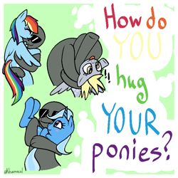 Size: 768x768 | Tagged: safe, artist:kharmacal, derpibooru exclusive, derpy hooves, rainbow dash, trixie, oc, oc:anon, pegasus, unicorn, g4, caption, horn, hug, image macro, sunglasses, text, tongue out, winghug, wings