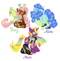 Size: 2664x2704 | Tagged: safe, artist:eyerealm, artist:junglicious64, oc, oc only, oc:alien, oc:fairy, oc:music, alien, alien pony, earth pony, fairy, fairy pony, original species, unicorn, adoptable, adoptable open, antennae, armband, beauty mark, blue coat, blue eyelashes, blue eyes, blue eyeshadow, blue mane, blue tail, blue text, boots, brown coat, brown mouth, brown pupils, cascading cutie mark, chest marking, clothes, coat markings, collaboration, colored eyelashes, colored lineart, colored mouth, colored pupils, colored wings, colorful, curly mane, curly tail, ear markings, earth pony oc, eye markings, eyelashes, eyeshadow, fairy wings, female, female oc, floppy ears, flower, flower in hair, food, for sale, gradient legs, gradient mane, gradient tail, green eyelashes, green eyes, green pupils, green text, green wings, headphones, high heel boots, high heels, high res, hoodie, hoof boots, hoof shoes, horn, leg markings, leg warmers, lidded eyes, long mane, long tail, looking at you, looking back, looking up, magenta coat, makeup, mare, mare oc, multicolored hair, open mouth, open smile, orange eyes, profile, purple coat, purple text, rainbow hair, rainbow tail, raised hoof, raised leg, ringlets, shoes, signature, simple background, sitting, smiling, sneakers, spots, spread wings, standing, standing on two hooves, star mark, stars, straight mane, straight tail, strawberry, tail, three quarter view, three toned mane, three toned tail, trio, trio female, unicorn horn, unicorn oc, wall of tags, watermark, wavy mane, wavy tail, white background, wing accessory, wing markings, wingding eyes, wings, wristband, yellow mane, yellow tail