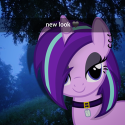 Size: 2048x2046 | Tagged: safe, artist:slb94, artist:trrrebleee, edit, vector edit, starlight glimmer, pony, unicorn, g4, alternate hairstyle, caption, edgelight glimmer, eyeliner, female, glimmer goth, goth, grass, horn, irl, jewelry, makeup, mare, nature, necklace, not aria blaze, outdoors, photo, real life background, short mane, snapchat, solo, text, tree, vector