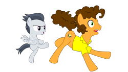 Size: 3840x2160 | Tagged: safe, derpibooru exclusive, cheese sandwich, rumble, earth pony, pegasus, pony, g4, amish paradise, colt, foal, kick, kick in the butt, kicking, male, stallion, vector, voice actor joke, weird al yankovic