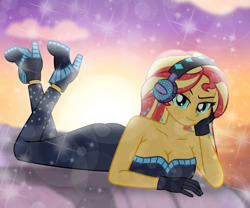 Size: 6924x5760 | Tagged: safe, artist:emeraldblast63, sunset shimmer, human, equestria girls, g4, my little pony equestria girls: better together, the other side, bedroom eyes, breasts, busty sunset shimmer, cleavage, clothes, clothes swap, gloves, headphones, high heels, lens flare, looking at you, lying down, prone, shoes, solo, stupid sexy sunset shimmer, unitard