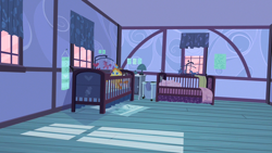 Size: 1280x720 | Tagged: safe, screencap, pumpkin cake, pony, unicorn, baby cakes, g4, my little pony: friendship is magic, season 2, baby, baby pony, bedroom, bow, crib, doll, drool, hair bow, hamper, horn, lamp, mobile, mouth hold, nursery, pink sky, scenery, solo, sugarcube corner, sugarcube corner (interior), toy