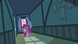 Size: 1280x720 | Tagged: safe, screencap, pinkie pie, earth pony, pony, baby cakes, g4, my little pony: friendship is magic, season 2, curtains, door, female, hallway, nervous, picture frame, pink sky, scared, solo, solo female, sugarcube corner, sugarcube corner (interior), wind