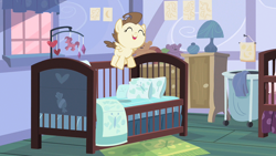 Size: 1280x720 | Tagged: safe, screencap, pound cake, pegasus, pony, baby cakes, g4, my little pony: friendship is magic, season 2, baby, baby pony, bedside stand, blanket, crib, cute, hamper, jumping, jumping on bed, jumping on the bed, lamp, male, missing accessory, pillow, pink sky, plushie, poundabetes, rambunctious, solo, solo male, sugarcube corner, sugarcube corner (interior), teddy bear