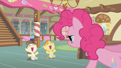 Size: 1280x720 | Tagged: safe, screencap, pinkie pie, pound cake, pumpkin cake, earth pony, pegasus, pony, unicorn, baby cakes, g4, my little pony: friendship is magic, season 2, baby, baby pony, bow, brother and sister, cake twins, candy, chandelier, cute, diaper, diapered baby, diapered colt, diapered filly, diapered foals, eyes closed, female, filly, food, hair bow, happy, happy babies, happy baby, horn, joy, joyous, ladder, looking at someone, male, mid-blink screencap, open mouth, ponyville, poundabetes, pumpkinbetes, siblings, sitting, sitting on floor, stairs, sugarcube corner, sugarcube corner (interior), trio, twins