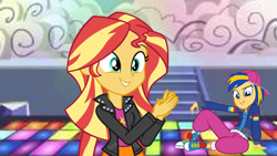 Size: 1147x645 | Tagged: safe, artist:mlpfan3991, artist:richardchibbard, sunset shimmer, oc, oc:flare spark, human, equestria girls, g4, backwards cap, baseball cap, breakdancing, cap, clapping, clothes, dance floor, female, hat, jacket, pants, rapper, shoes, sneakers