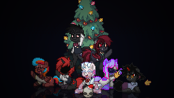 Size: 1920x1080 | Tagged: safe, alternate version, oc, oc only, oc:bloodmoon lullaby, oc:critic, oc:demagogue, oc:eclipse, oc:redhorned, oc:shadow sam, bat pony, cat, pegasus, pony, unicorn, pony town, christmas, clothes, death parade, digital art, fangs, female, hat, holiday, horn, lab coat, male, mare, no face, pine tree, pixel art, santa hat, skull, smiling, stallion, transgender, tree, село