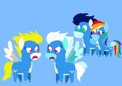 Size: 3553x2499 | Tagged: safe, anonymous artist, derpibooru exclusive, fleetfoot, rainbow dash, soarin', surprise (g4), pegasus, pony, series:soarindash relationship, series:soarindash romantic tales, g4, argument, clothes, female, male, mare, pointy ponies, ship:soarindash, shipper on deck, shipping, stallion, straight, uniform, wonderbolts, wonderbolts uniform