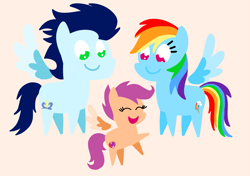 Size: 3553x2499 | Tagged: safe, anonymous artist, derpibooru exclusive, rainbow dash, scootaloo, soarin', pegasus, pony, series:soarindash relationship, series:soarindash romantic tales, g4, female, filly, foal, happy, male, mare, pointy ponies, ship:soarindash, shipping, smiling, stallion, straight