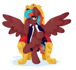 Size: 2938x2704 | Tagged: safe, artist:lamaka, oc, oc:demagogue, cape, clothes, female, mare, simple background, spread wings, throne, transgender, wings, село