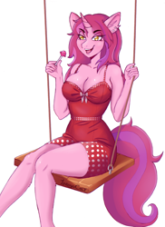 Size: 1500x2064 | Tagged: safe, artist:1ndigocat, oc, oc only, unicorn, anthro, breasts, candy, colored sketch, ear piercing, earring, food, full body, horn, jewelry, lollipop, open mouth, piercing, pink fur, pink hair, reasonably sized breasts, red dress, sketch, solo, swing, yellow eyes