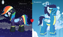 Size: 749x444 | Tagged: safe, artist:soarinrainbowdash3, rainbow dash, soarin', pegasus, pony, clothes, costume, fanfic art, female, goggles, goggles on head, male, mare, nightmare night costume, shadowbolt dash, shadowbolts, shadowbolts costume, ship:soarindash, shipping, stallion, straight, uniform, wonderbolts, wonderbolts uniform