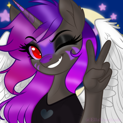 Size: 1024x1024 | Tagged: safe, artist:ella_starshade, oc, oc:ella starshade, alicorn, anthro, clothes, facial markings, moon, one eye closed, peace sign, smiling, stars, wings, wink