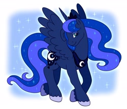 Size: 2783x2403 | Tagged: safe, artist:sketchquill, princess luna, alicorn, pony, g2, g4, female, g4 to g2, generation leap, high res, mare, solo, sparkles, spread wings, standing on two hooves, turned head, unshorn fetlocks, wings