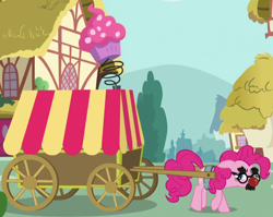 Size: 852x677 | Tagged: safe, pinkie pie, earth pony, g4, my little pony: friendship is magic, season 5, the one where pinkie pie knows, cake cart, cart, cupcake, delivery, delivery pony, disguise, disgusted, female, food, groucho mask, implied cake, ponyville, pulling, pulling cart, red and yellow, sneaking, solo, solo female, spring, wagon