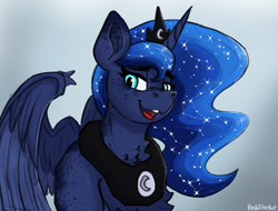 Size: 1451x1100 | Tagged: safe, artist:reddthebat, princess luna, alicorn, pony, g4, bust, chest fluff, ear fluff, female, freckles, freckluna, lidded eyes, mare, open mouth, open smile, partially open wings, signature, smiling, solo, wings