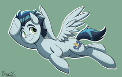 Size: 1934x1221 | Tagged: safe, artist:bkiltersot, soarin', pegasus, pony, g4, flying, green background, green eyes, male, salute, simple background, smiling, solo, stallion