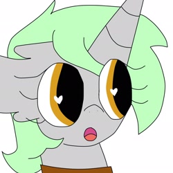 Size: 2048x2048 | Tagged: safe, artist:mcrxsolidarity, oc, oc only, oc:heartbeat, pony, unicorn, big eyes, clothes, eyelashes, female, gray coat, green mane, heart, horn, mare, mare oc, open mouth, owner:blackblade360, pony oc, shirt, short mane, simple background, solo, unicorn oc, white background, yellow eyes