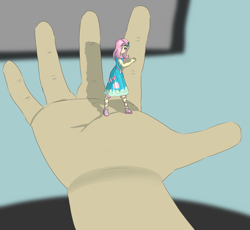 Size: 1888x1740 | Tagged: safe, artist:deferredgalaxy, fluttershy, human, equestria girls, g4, hand, handheld, humanized, looking at you, micro, offscreen character, pov, scared, shrink, shrunken, size difference, tiny