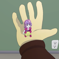 Size: 3214x3207 | Tagged: safe, sweetie belle, human, equestria girls, g4, hand, handheld, humanized, looking at you, micro, offscreen character, pov, shrink, shrunken