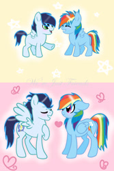 Size: 731x1093 | Tagged: safe, artist:soarinrainbowdash3, rainbow dash, soarin', pegasus, pony, g4, colt, colt soarin', female, filly, filly rainbow dash, foal, male, mare, ship:soarindash, shipping, stallion, straight, younger