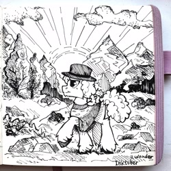 Size: 2048x2048 | Tagged: safe, artist:lilacclime, cheese sandwich, earth pony, pony, g4, black and white, clothes, curly hair, grayscale, hat, inktober 2023, male, monochrome, nature, outdoors, poncho, solo, stallion