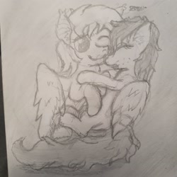 Size: 3024x3024 | Tagged: safe, artist:zeccy, earth pony, pegasus, pony, cuddling, ear fluff, monochrome, unshorn fetlocks, wings