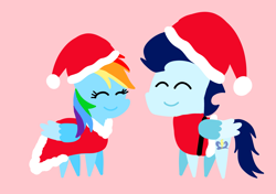 Size: 3553x2499 | Tagged: safe, anonymous artist, derpibooru exclusive, rainbow dash, soarin', pegasus, pony, series:soarindash hearth's warming, series:soarindash romantic tales, christmas, christmas clothing, clothes, costume, eyes closed, female, hat, hearth's warming, holiday, male, mare, pointy ponies, santa costume, santa hat, ship:soarindash, shipping, smiling, stallion, straight