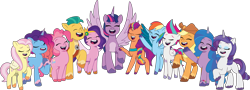 Size: 5454x1974 | Tagged: safe, artist:prixy05, applejack, fluttershy, hitch trailblazer, izzy moonbow, misty brightdawn, pinkie pie, pipp petals, rainbow dash, rarity, sunny starscout, twilight sparkle, zipp storm, alicorn, earth pony, pegasus, pony, unicorn, g4, g5, my little pony: tell your tale, eyes closed, female, g4 to g5, generation leap, horn, male, mane five, mane six, mane six (g5), mane stripe sunny, mane twelve, mare, rebirth misty, simple background, stallion, transparent background, twilight sparkle (alicorn)