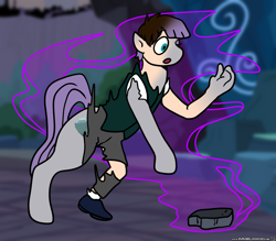 Size: 3391x2975 | Tagged: safe, artist:boundbrush, artist:just-silvushka, maud pie, earth pony, human, pony, g4, clothes, disappearing clothes, high res, human to pony, magic, rock, solo, transformation