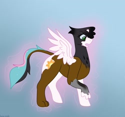 Size: 2048x1923 | Tagged: safe, artist:home-made, princess celestia, oc, alicorn, griffon, pony, g4, character to character, gradient background, griffon to pony, magic, solo, spread wings, transformation, transformation sequence, wings